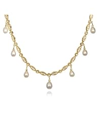 Gold Tone Pear Pearl Drop White CZ Necklace-18"