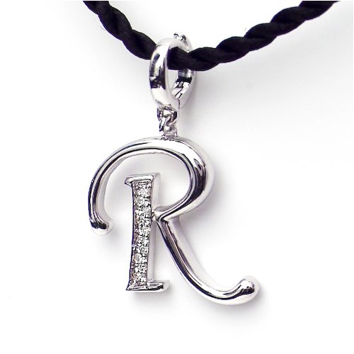 Silver Diamond Initial Pendant R with Silk Cord