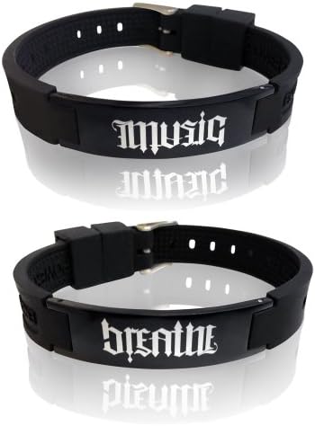 Ion Magnetic Power Energy 316L Black Stainless steel 2 Side Ambigram " Music " &amp; "Breath " Silicone Bracelet
