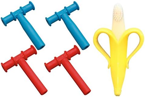 Chewy Tubes Teether, 4 Pack - Blue/Red with Banana Brush Infant Teething Toothbrush