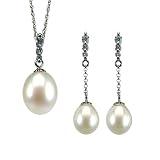 14k White Gold Diamond Journey Bail Natural White Cultured Pearl Drop Pendant Necklace & Dangle Earrings Set - by Dahlia Classic Jewelry Collection