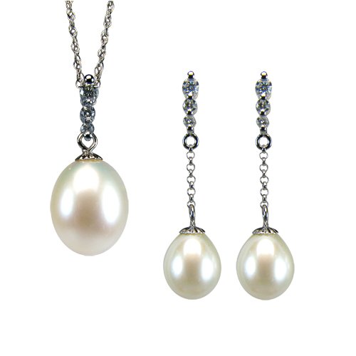 Childrens Toyshop  Jewelry : 14k White Gold Diamond Journey Bail Natural White Cultured Pearl Drop Pendant Necklace & Dangle Earrings Set - by Dahlia Classic Jewelry Collection