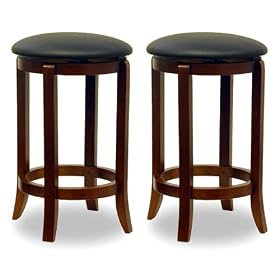 Set of 2 Walnut Finish Faux Leather Seat 24H Bar Stools by visiondecor Furniture