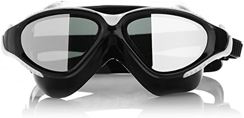FleckR Swimming Mask Goggle With Anti-Fog And UV Protection Mirrored Lenses + Leak Resistant Skirt +Large Clear Lens +Quick-Fit Buckle Adjustable Strap For Men and Women (White-Black)