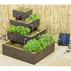Square 4-Tier Solar Water Feature Cascading Herb Planter Dark Wood