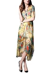 V-neck Summer Short Sleeves Asymmetric  Silk General Print Club Dress  With Ruffles