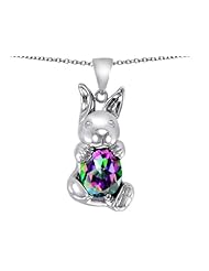 Original Star K (tm) Love Bunny Pendant with Multicolor Oval Mystic Topaz 10x8mm in .925 Sterling Silver