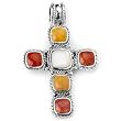 Yellow Jasper, White and Orange Colored Sterling Silver Rhodium Plated Cross Pendant.