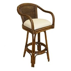 Click here to buy Key West Indoor Rattan 30 Swivel Bar Stool in Antique Finish Fabric: Palm Patch Champagne by Hospitality Rattan.