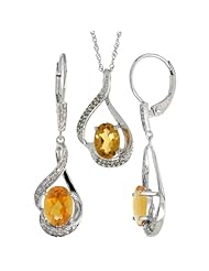 14k White Gold Dangle Earrings (19mm tall) & 18 in. Pendant-Necklace Set, w/ 0.20 Carat Brilliant Cut Diamonds & 3.64 Carats Oval Cut (7x5mm) Citrine Stones