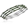 Sterling Silver and Enamel Bamboo Stack Bangle Bracelet with Diamond Accent, 8"