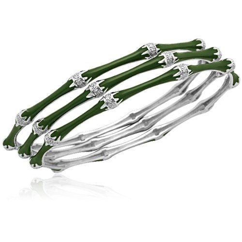 Sterling Silver and Enamel Bamboo Stack Bangle Bracelet with Diamond Accent, 8