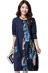 General Print Cotton/Linen Feathers  Dress