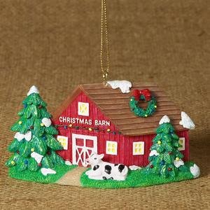 4" Decorated Barn & Cow Country Farm Christmas Ornament #W30004