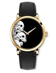 SPRAWL Aanalog Fashion Series Gold Ladies Watches of Genuine Black Leather Strap,Unique Wrist Watch for Women Girls Designed with Skulls on black background