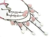 Genuine White Shell and Pink Beads with Suede and Antiqued Brass Necklace and Long Dangling Earrings Set