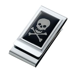 MC-249 Silver Tone Epoxy Skull and Bones Metal Chrome Plated 2-sided Money Clip