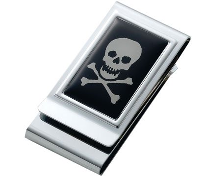 MC-249 Silver Tone Epoxy Skull & Bones Metal Chrome Plated 2-sided Money Clip