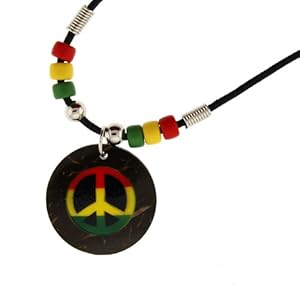 Rasta Peace Sign Necklace - Round Coconut 1 Inch Diameter 18 Inches in Length