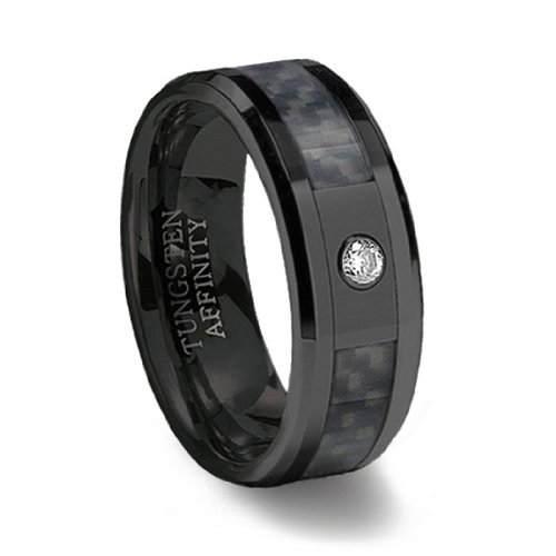 Black Ceramic Ring - Black Carbon Fiber Inlay & Cubic Zirconia 8MM