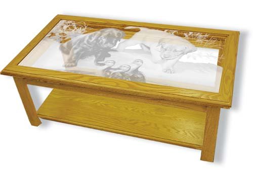 Oak Glass Top Coffee Table With Lab Puppies Etched Glass - Lab Puppies Coffee Table Furniture - Unique Lab Puppies Gift Ideas - Fully Assembled - 39" x 22" x 15" high