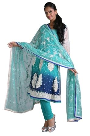 Cheap Clothes For Women : Turquoise Blue and Navy Blue Anarkali Churidar Kameez On Line