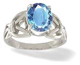 14K White Gold Genuine Oval Blue Topaz Celtic Claddagh Ring