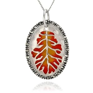 Sterling Silver Marcasite and Epoxy Oak Leaf Imprint Pendant 18"