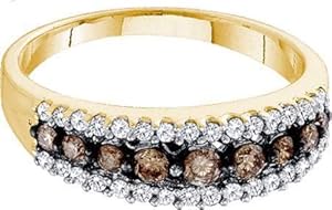 10k Yellow Gold Ring Band 0.50ct Champagne Diamonds Channel At Center & Surrounded w/ Tiny White Diamonds Fine Clarity - Incl. ClassicDiamondHouse Free Gift Box & Cleaning Cloth