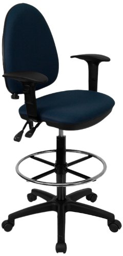 Flash Furniture WL-A654MG-NVY-AD-GG Mid-Back Navy Blue Fabric Multi-Functional Drafting Stool with Arms and Adjustable Lumbar Support On Sale