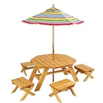 KidKraft Octagon Table & 4 Stools and Multi-Striped Umbrella