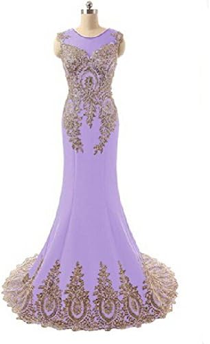 MOBAI Women's Gold Lace Appliques Mermaid Long Evening Gowns Party Prom Dresses (16, lilac)