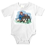 Onesie with man, hunting, human, body, individuals, sandwich, individual, doberman, persons, dogs, humans, food, people, person, dog, terrier, snack, share