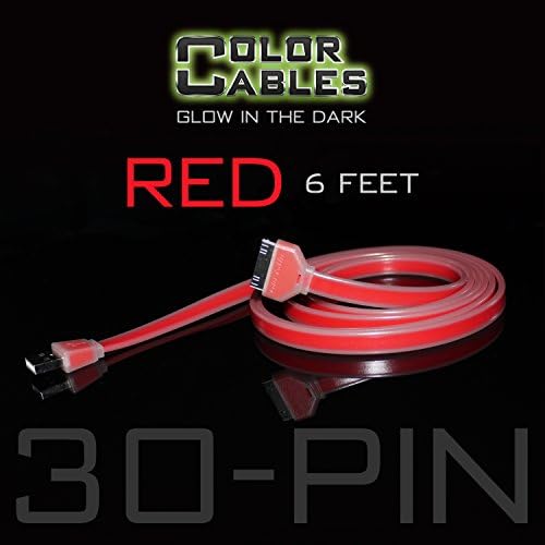 Color Cables: Apple 30 Pin Charge and Sync Data Cable (RED - 6FT) Glow in the Dark - 1.8M Extra Long - Extra Tough - No Tangle - High-Speed - Premium 30 Pin to USB A Male Cable (LIFETIME WARRANTY)