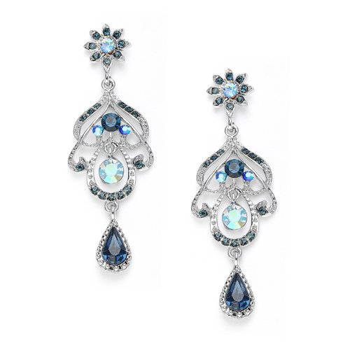 Abstract Navy Blue Iridescent Crystal Chandelier Dangle Earrings Formal Prom Bridal