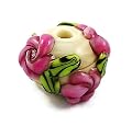Lampwork Glass Bead Pink on Ivory Flower Rose Garden
