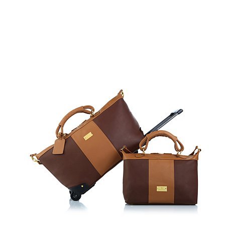 JOY Colorblock Genuine Leather Carry-On Wheeled Duffle and Bag Set – Espresso Brown/Rich Saddle