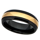 7MM Tungsten Carbide Ring Wedding Band black plated and 14K Gold plated inlay
