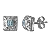 Square Cubic Zirconia Aquamarine Sterling Silver Earrings