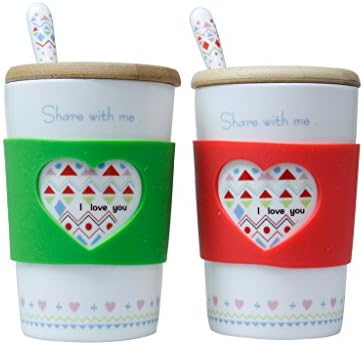 Pretty Housekeeper Heart Shape 2 Pieces Set Big Coffee Cup Ceramic Milk Mug With Stainless Spoon and Bamboo Lid,13 Oz