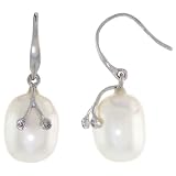 18ct White Gold Pearl Dangle Earrings, w/ 0.02 Carat Brilliant Cut Diamonds & 10x8mm White Pearls, 13/16 (20mm) tall