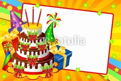 Wallmonkeys Peel and Stick Wall Decals - Happy Birhday Card with a Chocolate Cake, Gifts and Funny Hats - 36