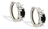14K White Gold Genuine Oval Black Onyx and Diamond Huggy Earrings