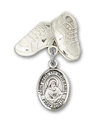 Sterling Silver Baby Badge with St. Bede the Venerable Charm and Baby Boots Pin