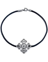 Victoria Kay 1/3ct White Diamond Cross Leather Bracelet in Sterling Silver with Black Rhodium, 7"