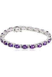 Sterling Silver Oval-Cut Amethyst with Genuine White Diamonds Bracelet, 7.25"
