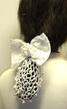 Sn66, Hand Crocheted White Gimp Dress Snood with Ivory Pearls and Fancy Pearl Trimmed Bow for Women and Teens