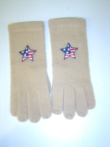 G242, Beige Color Angora Wool Gloves Trimmed with Star American Flag for Men Women and Teens