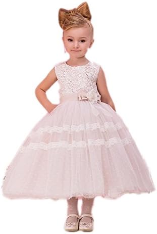 RLDRESS Pageant Wedding Flower Girl Dress Crossed Back Bow Sash Fluffy 2 white