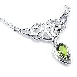 Sterling Silver Celtic Knot Knotwork Necklace with a Bright Green 7×10mm Peridot